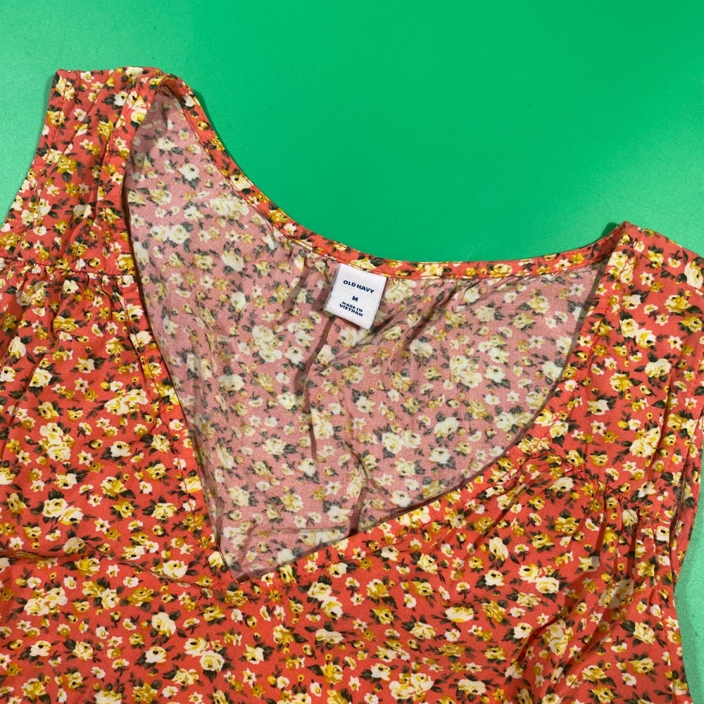 Old Navy Womens Floral Print V Neck Sleeveless Dress Size M Coral Yellow‎ White